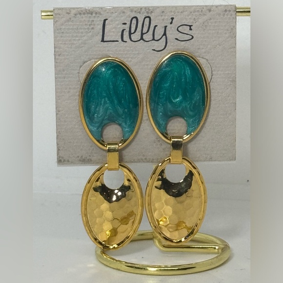 Vintage Lilly’s Green & Gold Enamel Geometric Double Oval Dangle Earrings - Picture 4 of 8
